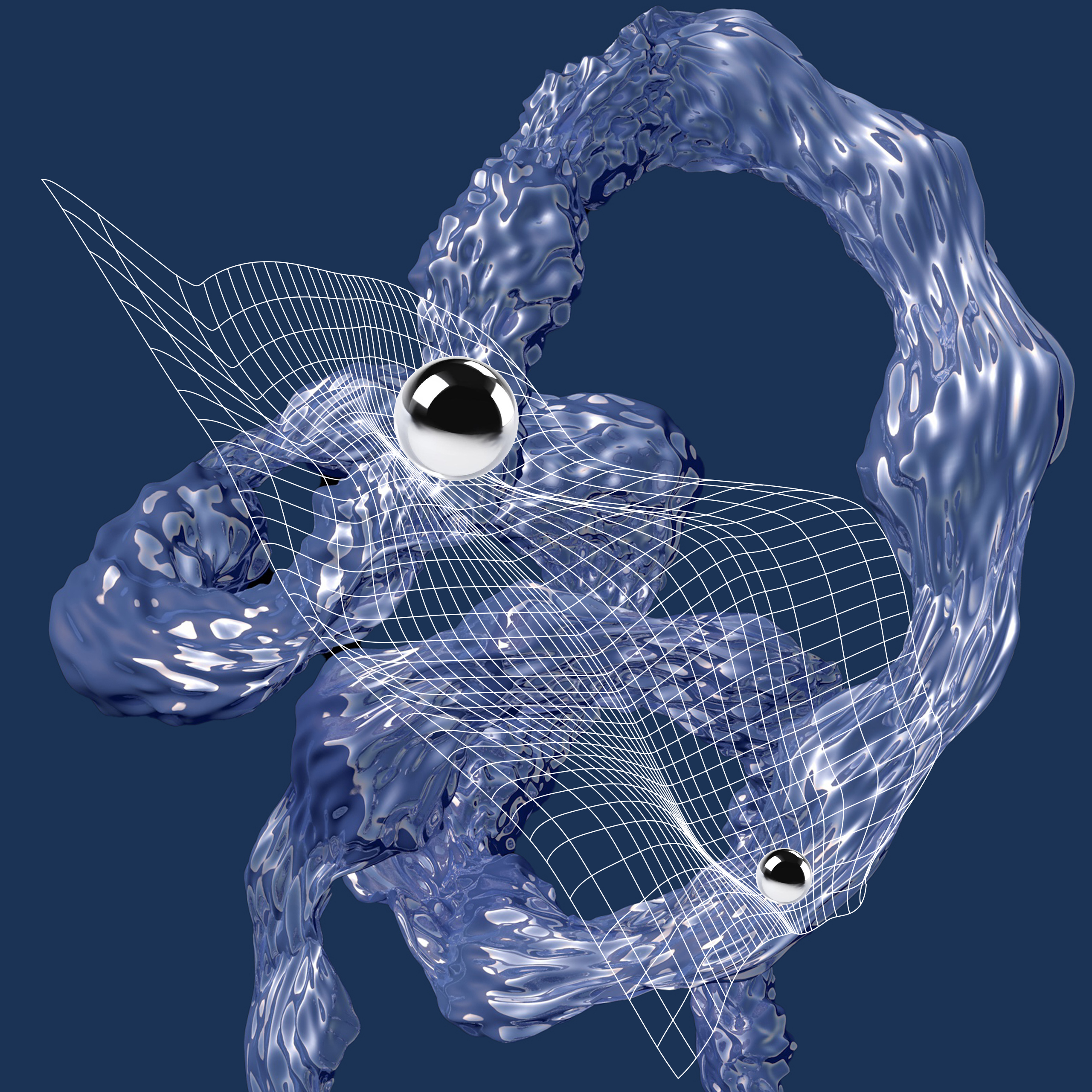 Abstract metaverse design with silver metal balls and blue structures.